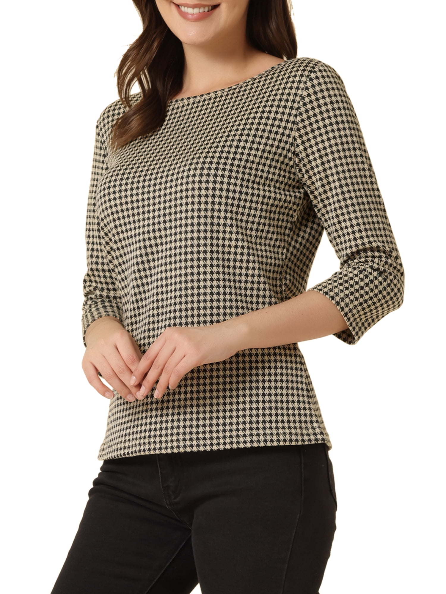 Unique Bargains Women's Work Office 3/4 Sleeve Boat Neck Houndstooth Top XL Black Khaki