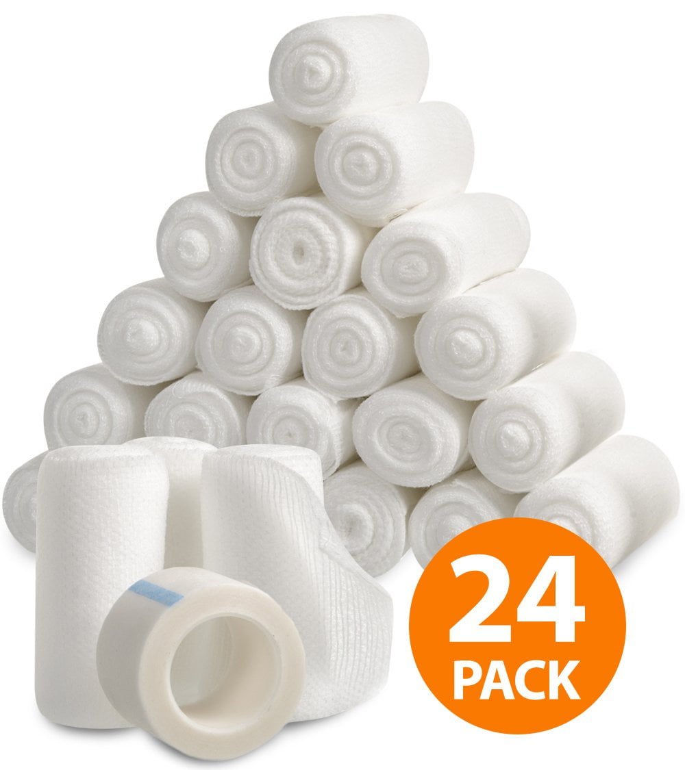 Gauze Bandage Rolls with Medical Tape, 2” x 4 Yards Wide Stretch White Cotton Bandage Wrap Supplies (Pack of 24)