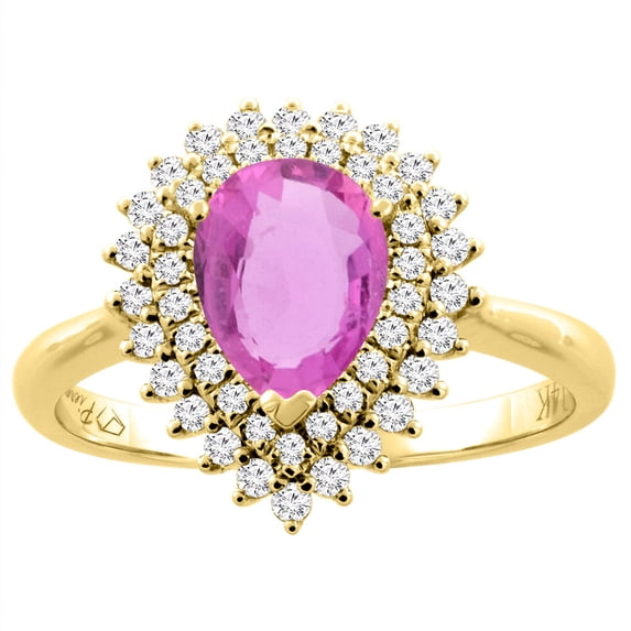 14K Yellow Gold Natural Pink Sapphire Ring Pear Shape 8x6 mm Diamond Accents, size 5