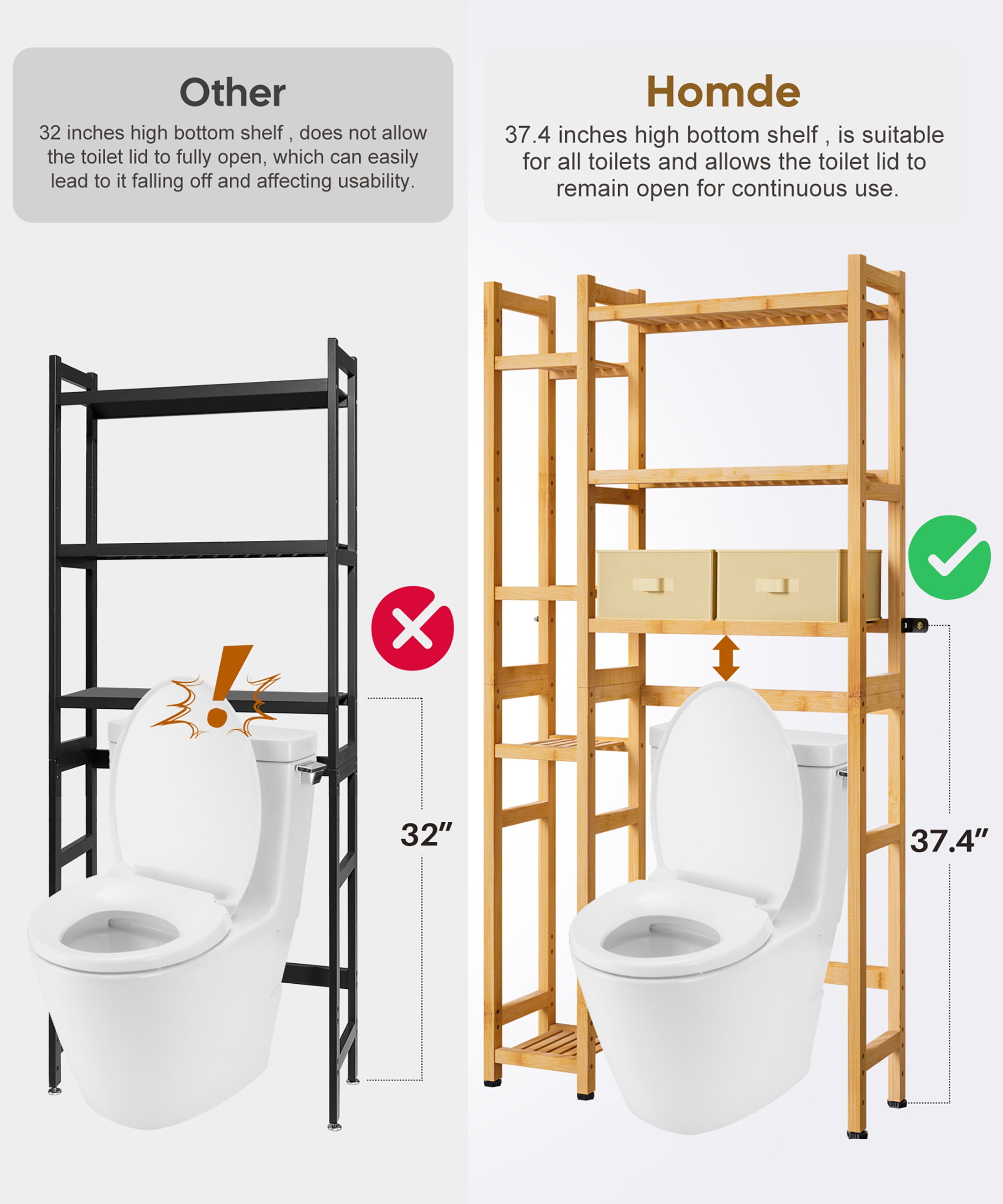 Enogets Over the Toilet Storage, Bamboo Bathroom Organizer with Adjustable Rack, Basket, Drawer & Waterproof feet