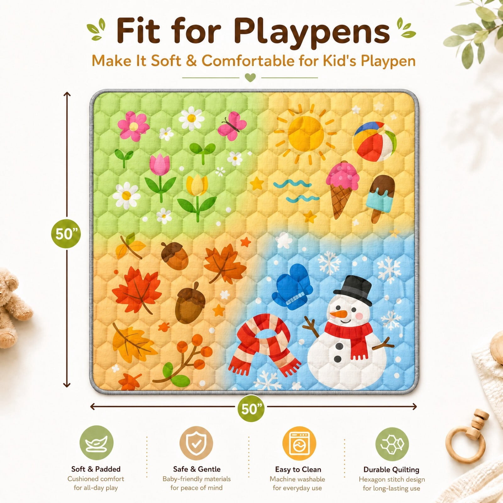 Easy4Home Large Baby Play Mat for Infants & Toddlers, 50"x50" Thick Cushioned Crawling Mat, Foldable Non-Slip Floor Playmat