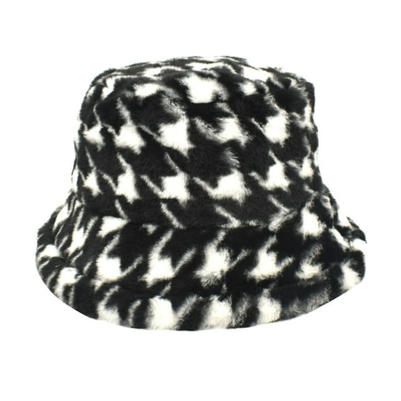 Dyfzdhu Bucket Hats for Women Trendy Houndstooth Plaid Fall Winter Fleece Cap Black