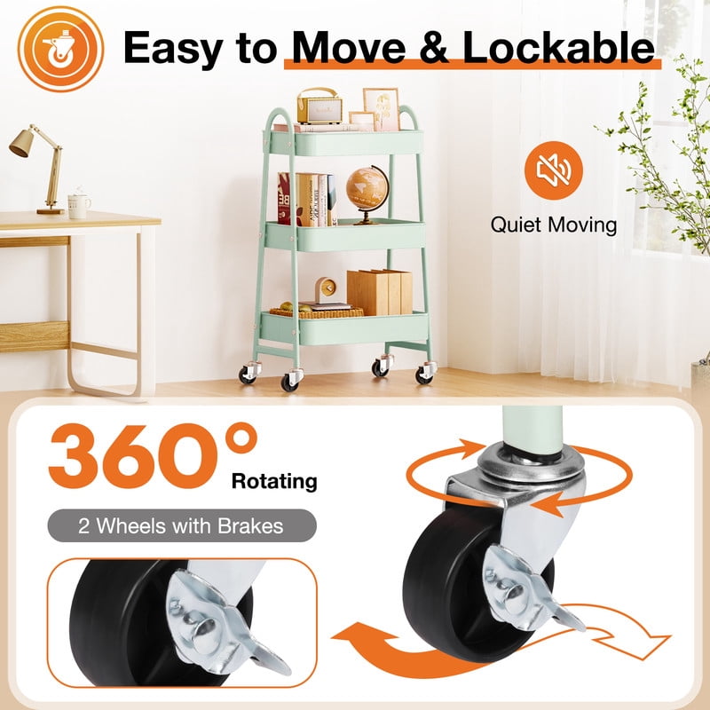 Gianna Utility Cart, Metal, 3‑Tier, Lockable Caster Wheels , 360° Rolling, Green