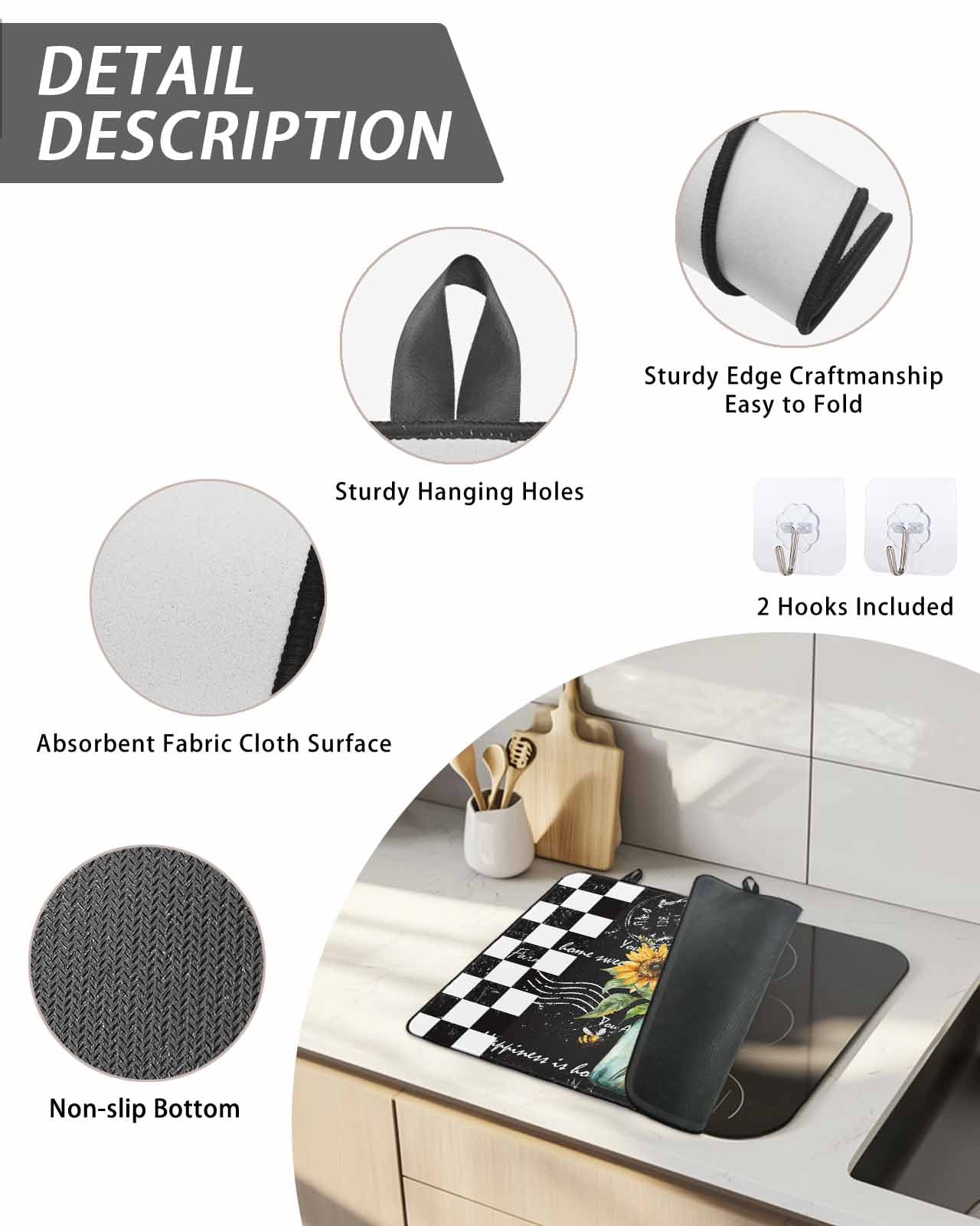 Stove Top Covers for Electric Stove, Sunflower Glass Stovetop Cover Protector, Black White Check Farmhouse Bee Vase Floral Induction Cooktop Protector Oven Mat for Kitchen Countertop 24"x21"
