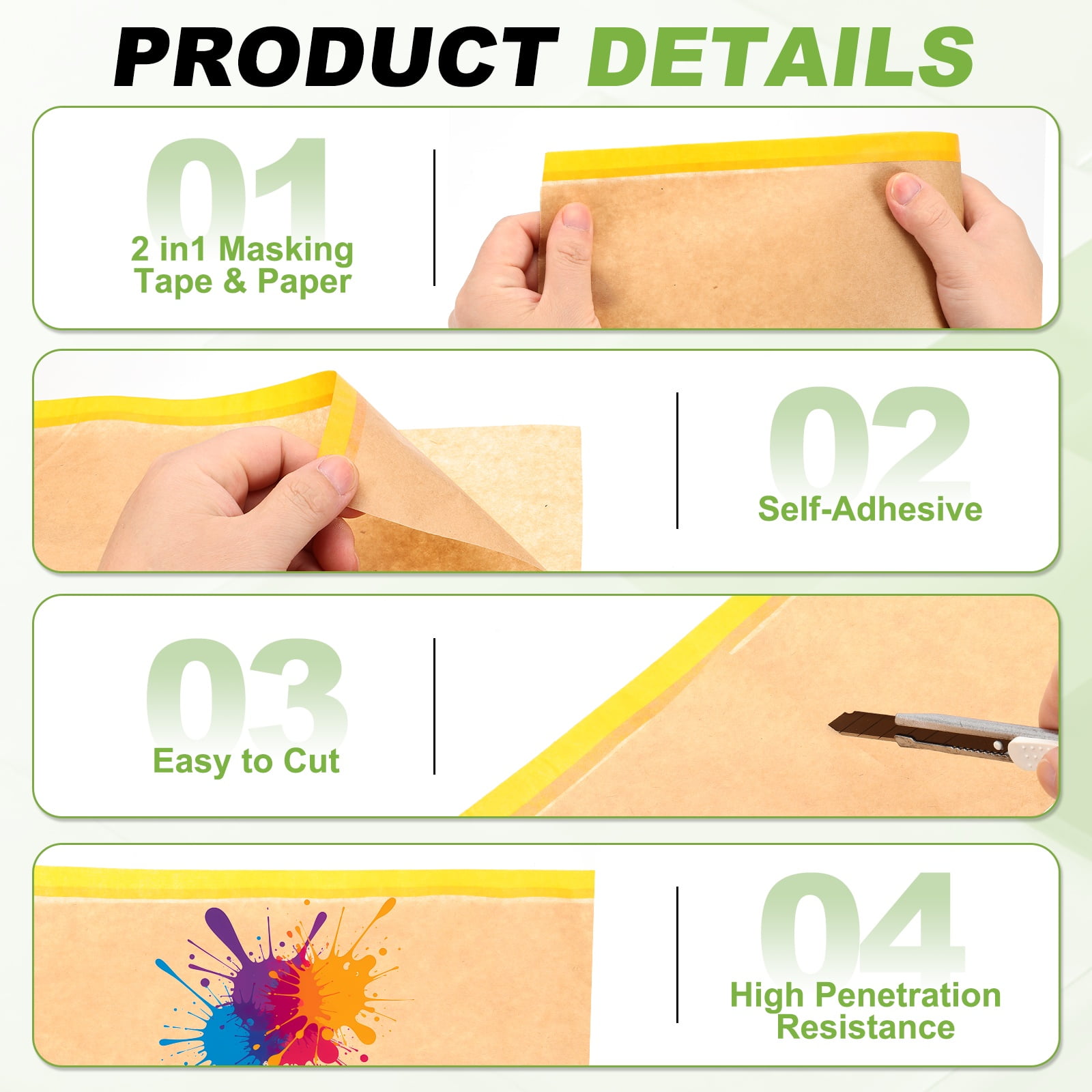 Uxcell Pre-Taped Masking Paper, 24" x 49 ft Paint Adhesive Protective Paper Painter Tape and Drape for Masking Auto Body Covering Wall Skirting Frames, Yellow