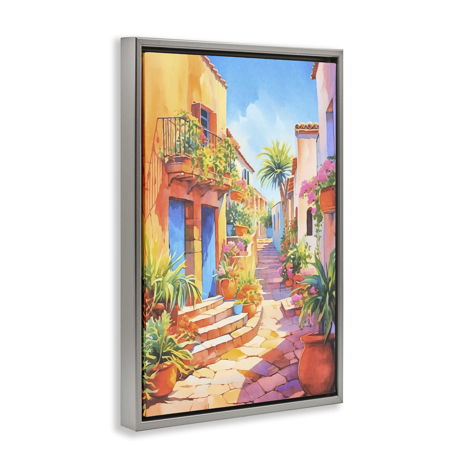 Stupell Industries Bright Mediterranean City Scenery Painting Gray Floater Framed Art Print Wall Art, 17 x 25