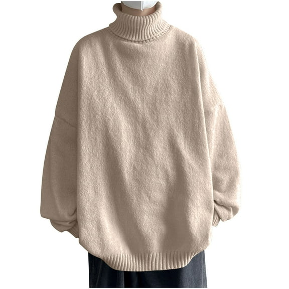 Iugvhana Relaxed Fit Turtleneck Sweaters for Men Long Sleeve Casual Solid Knitted High Neck Pullover Sweater Beige XXXL