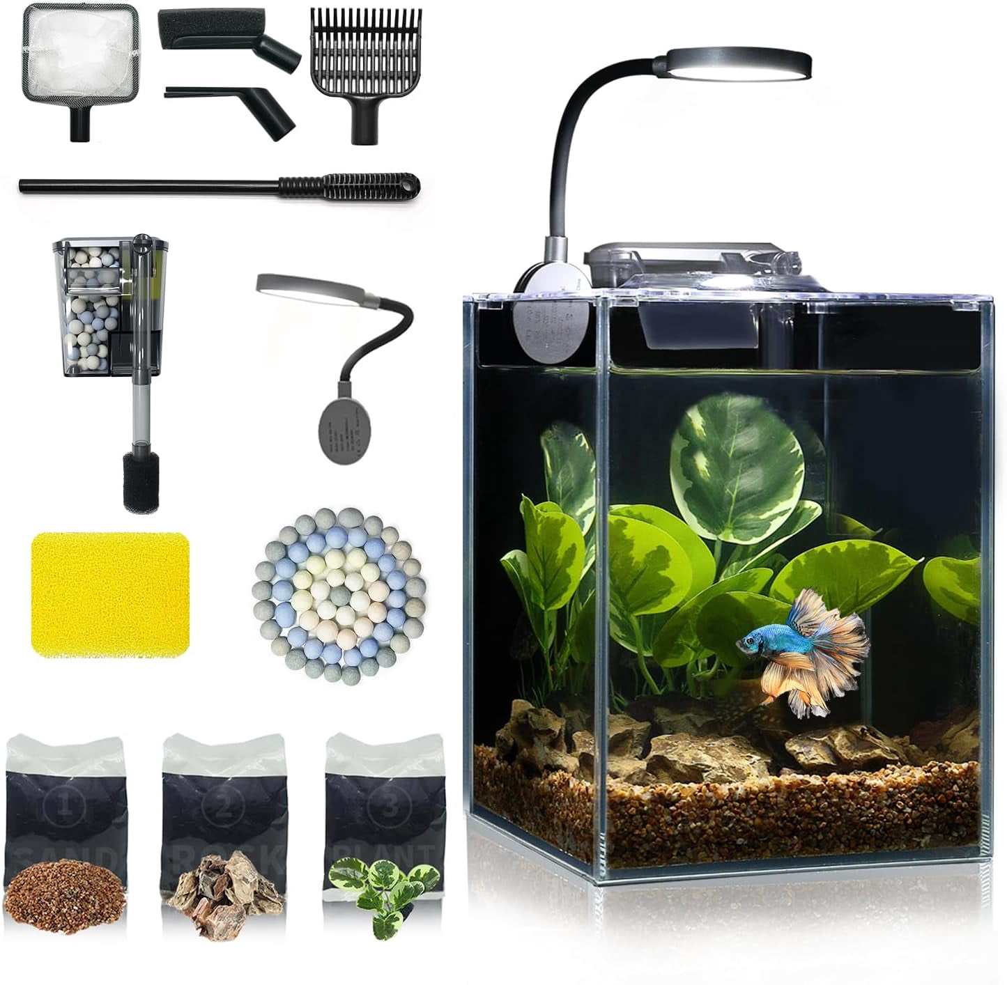 Desktop Small Aquarium Set Glass Fish Tank 1.25 Gallon, with Water Pump Filter Bright LED Light Gravel Cleaning Tool, Starter Kit Small Space Easy Setup Space-Saving Design Betta Shrimp