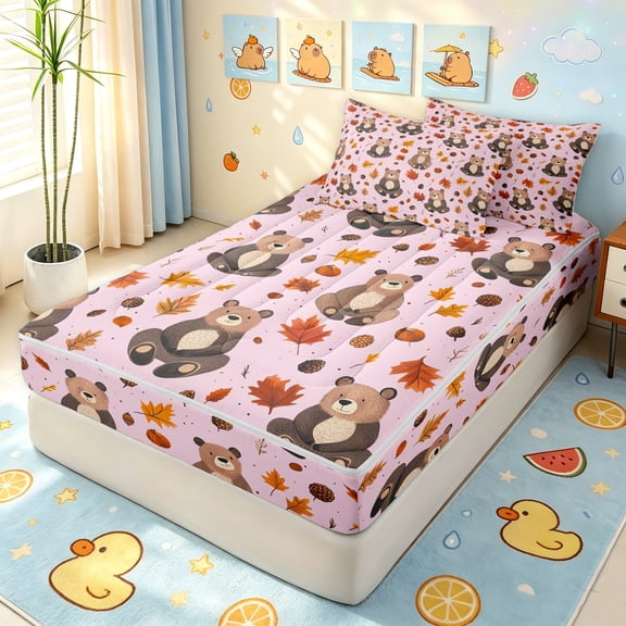 Manfei Cute Rustic Bear Zipper Twin Comforter Sets with Fitted Sheet and 2 Pillowcases, Waterclor Fall Leaves Zipper Bedding Set, Pink, Pink Reversible, 4 Pieces