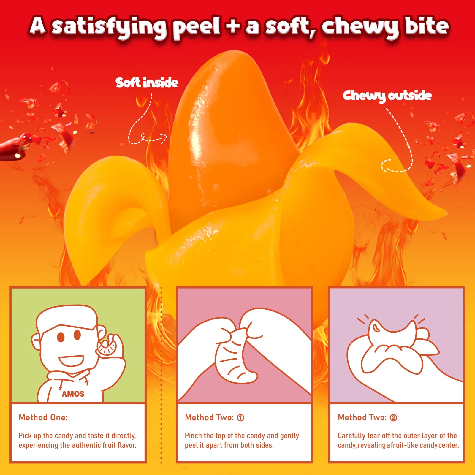 Amos Peelerz Chili Mango Gummy Candy, Peelable Gummies Spicy Snacks 3 oz (1 Pack)