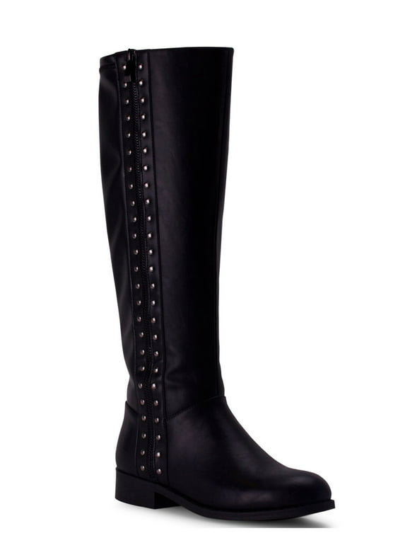 WANTED Womens Black Cushioned Studded Sidecar Round Toe Block Heel Zip-Up Leather Riding Boot 5.5