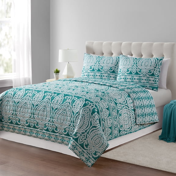 Mainstays Stripe Teal Damask Polyester Quilt, Full/Queen - Reversible