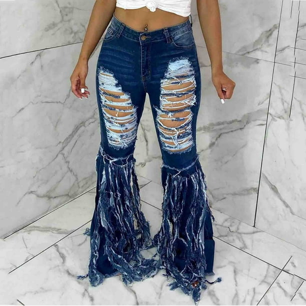 Pantalons pour Femmes Minceur Jean Longueur Grande Taille Large Plus Jeans Frange Decor Pantalons Taille Femmes Trou de Mollet Stretch Jeans Adulte
