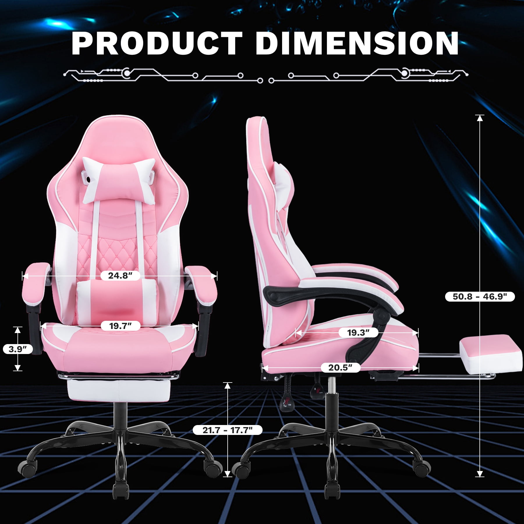 Ergonomic Gaming Chair with Massage Lumbar Support & Footrest, Racing Style Computer Chair with Adjustable Headrest for Home Office, Comfortable, Pink White