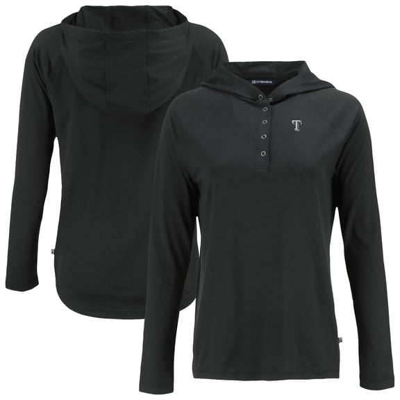 Women's Cutter & Buck Black Texas Rangers Coastline Epic Comfort Eco Recycled Raglan Long Sleeve Hoodie T-Shirt