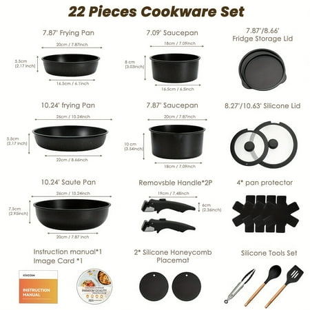 22-Piece Non-Stick Ceramic Cookware Set with Removable Handles - Space Saving Pots & Pans for Oven/Dishwasher/Induction - Holiday Kitchen Essentials (Mother's Day, Easter, Ramadan, Memorial Day Gift)