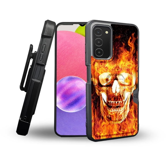 ANJ  Rugged Shockproof Holster Case Card Slot Kickstand   Tempered Glass Cover for Samsung Galaxy A03s - Flame on Skullcap