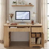 UHOMEPRO 55" Office Desk with Storage Cabinet & Drawers, Computer Writing Desk with Power Outlet, Pegboard, Built-in Shelves and Keyboard Tray for Study, Home Office, Natural