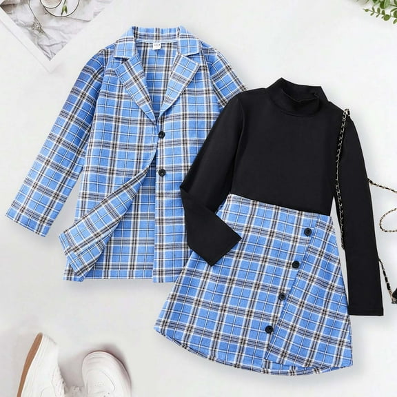 Wuxian Toddler Fall Outfit 3 Piece Suit High Neck Undershirt Long Sleeve Plaid Short Skirt And Turndown Collar Overcoat Jacket For Tweens Sets Kids Clothing Set,Blue,9-10 Years