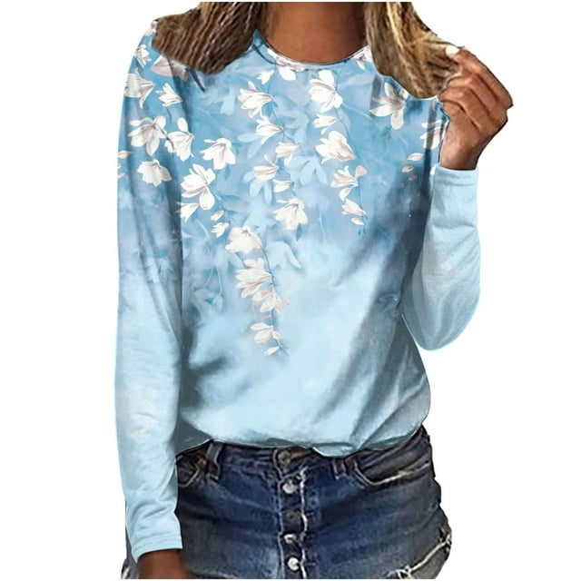 IROINID en Solde T-Shirt à Manches Longues en Polyester pour Femmes Confortable Dames Col Rond Hauts Amples T-Shirts Imprimés Blouse, Bleu Clair