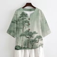 thumbnail image 4 of Xoenoiee Green Pine Tree Print Womens 3/4 Sleeve Tops Cotton Linen Shirts V Neck Lace Casual Loose Fit Blouses Button Down Boho Tees, M, 4 of 7