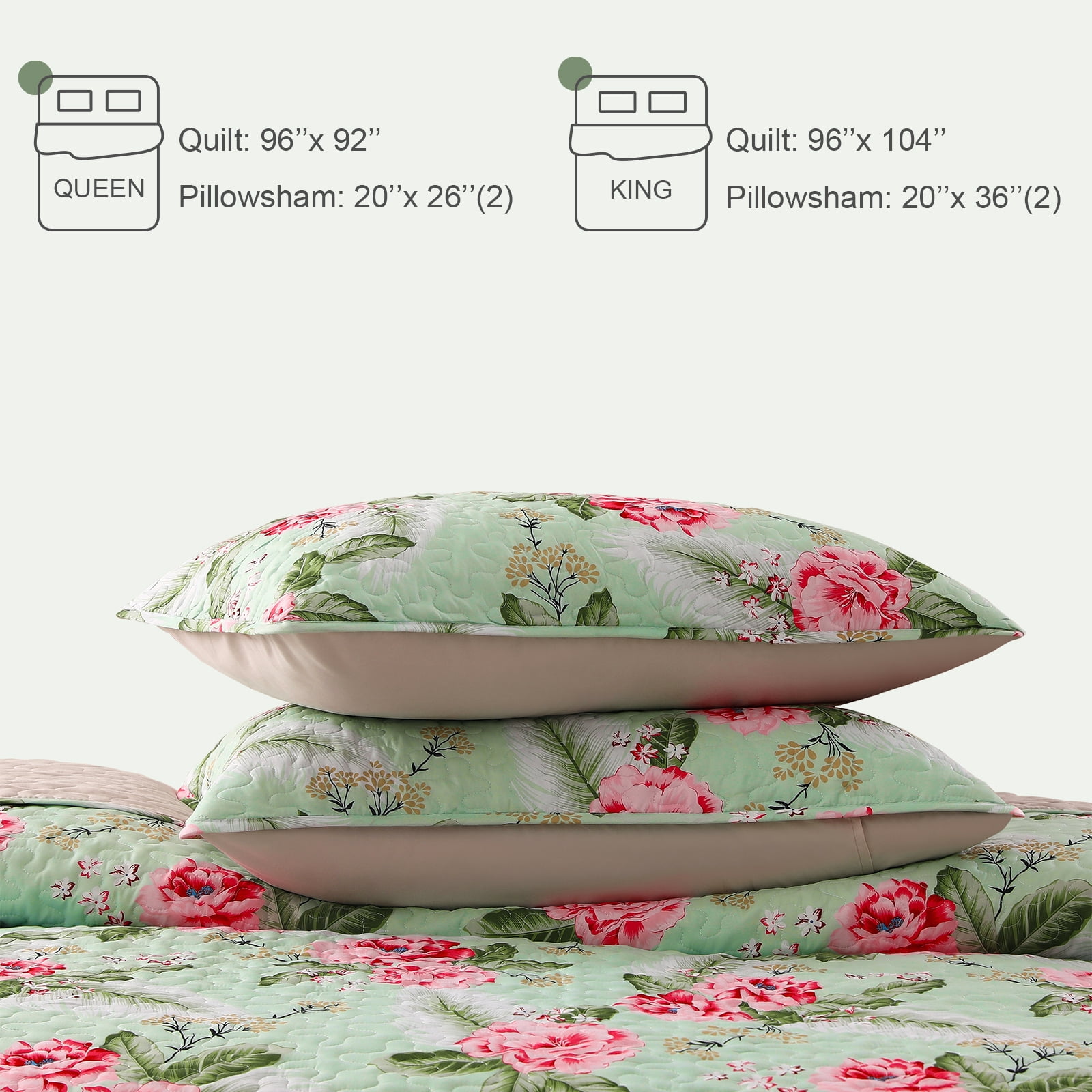 Exclusivo Mezcla Floral Quilt Set Queen Size, 3-Piece Reversible Quilt Bedding Set with Botanical Pink Flower Pattern, Lightweight and Soft Bedspread Coverlets