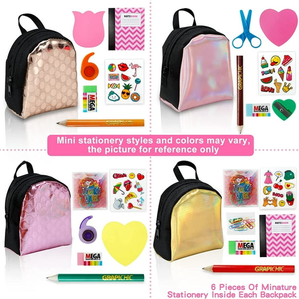 2 Pieces Mini Doll Backpack Toys with 12 Stationery Surprises Inside Collectible Mini Backpack for Doll with Carabiner Doll School Supplies Best