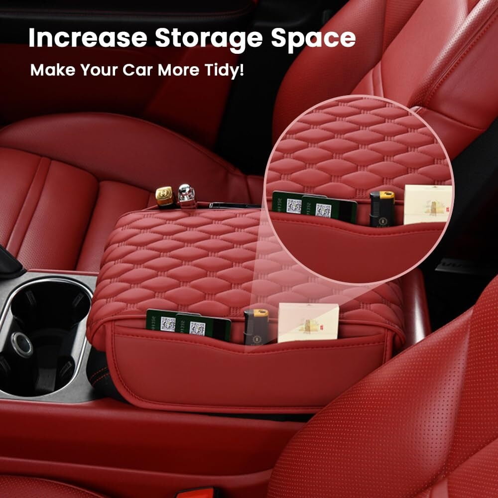Car Center Console Armrest Protector, 2025 Upgrade Leather Armrest Cover Cushion with 2 Storage Bags, Universal Seat Box Pad Interior Accessories Protector for Most Vehicle (Black)