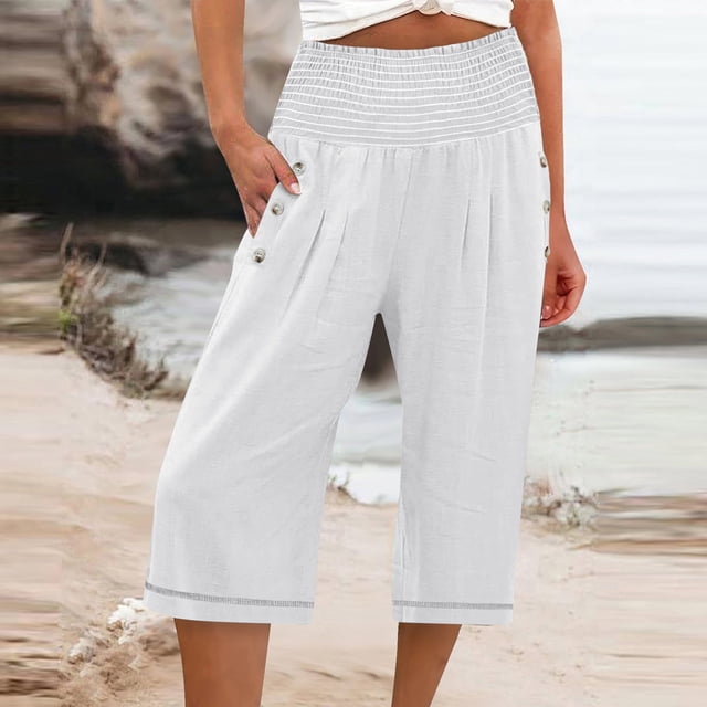 WILLBEST Pantalones Casuales de Verano para Mujer, de Color Liso, de Cintura Alta, Anchos y con Bolsillos y Botones. Chica