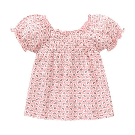 AJTQTH Girls Sundress Toddler Cute Palm Tree Printed Pleated-Edged Princess Dress Kids Summer Scoop Neck Puff Ruffled Short Sleeve Midi Dress Cotton Frocks Gowns Pink 4 Years
