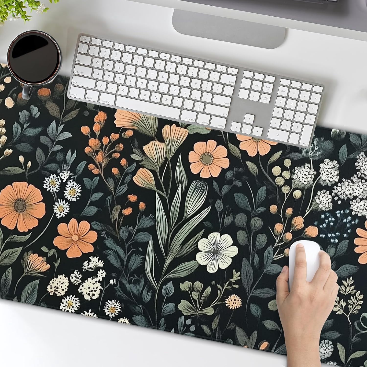Aesthetic Dark Flower Gaming Mouse Pad XL Floral Plant Botanical Flowers Extended Big Large Desk Mat Non-Slip Rubber Base Stitched Edge Long Keyboard Mousepad for PC Computer Laptop,31.5×11.8 in