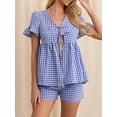 thumbnail image 6 of Raccmtaty Women's Summer Plaid Outfits Ruffled Short Sleeve Tie-Up Front Peplum Tops with Elastic Waist Shorts Set Streetwear, 6 of 8