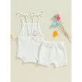 thumbnail image 4 of Suealasg Baby Girl Summer Outfits Daisy/Strawberry Embroidery Sleeveless Tie-Up Spaghetti Strap Knit Romper Shorts 2Pcs Clothes Set, 4 of 7