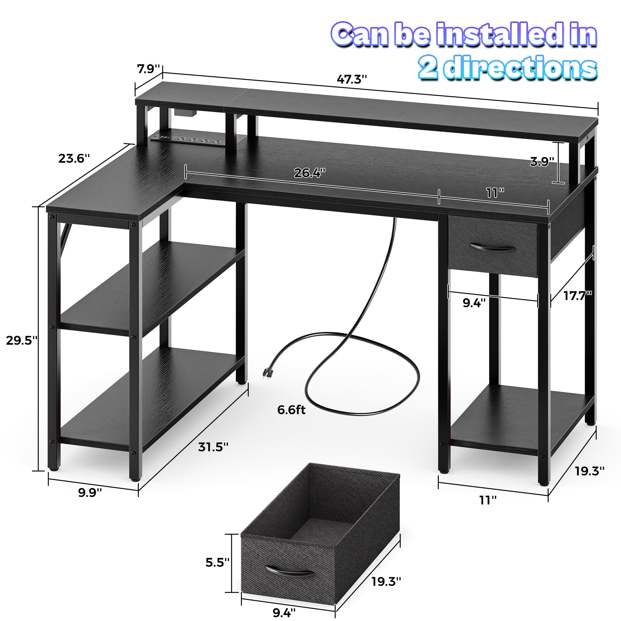 Amadwell 47 Inch L Shaped Desk with LED Strip, Corner Gaming Desk with Power Outlet, Drawer & Shelves
