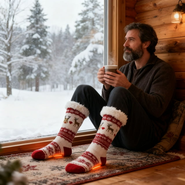 ERK Chaussettes Chauffantes USB avec 5 Réglages de Styles, Lavables à la Machine, Chaussettes de Sol pour Usage Intérieur à la Maison, Idée d'Hiver Douillette