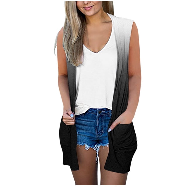Chaleco sólido a la moda para mujer, abrigo estampado, cárdigan sin mangas, blusa informal holgada, paquetes, Tops Pompotops qwe18250