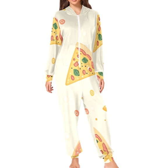 Cute Pizza Slices Dots Leaves Adult's Hoodie Onesie Jumpsuit One-Piece Pajamas with Zipper Unisex for Holiday S