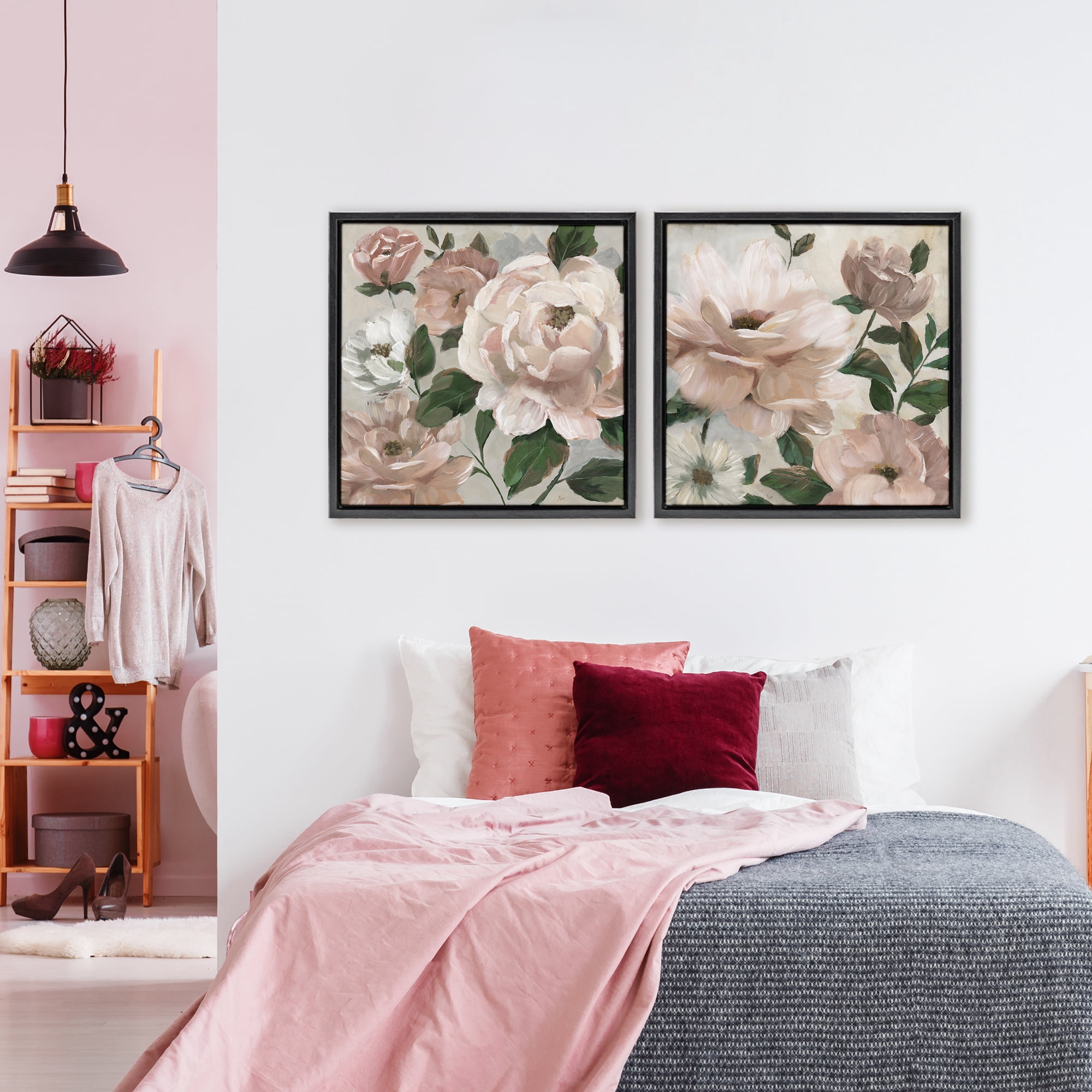 Stupell Industries Elegant Blush Peonies & Leaves 2 Piece Black Framed Floater Canvas Set, design by Nan