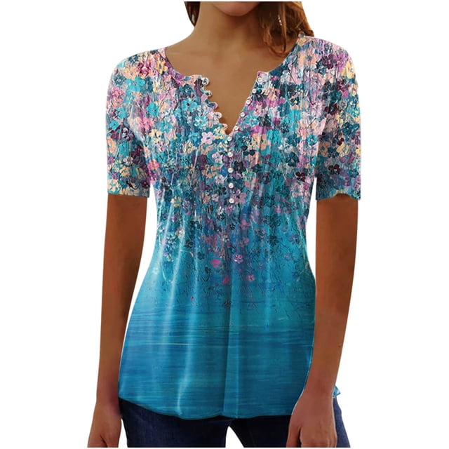 Pompotops Femmes Mode Décontractée Impression Col Rond en Vrac Manches Courtes T-shirt Top Chemisier Pull-Over Clair