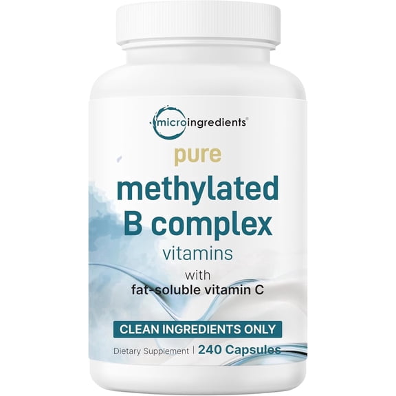 Micro Ingredients Pure Methylated B Complex, 240 Capsules | 11-in-1 Formula with Methylfolate, B12, Thiamin, Inositol, Choline, & Fat Soluble Vitamin C | Filler Free, Non-GMO