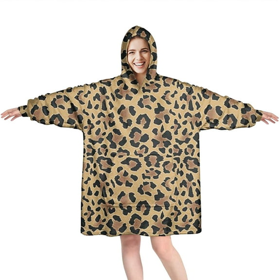 Brown and Black Leopard Print Wearable Oversized Blanket,Wearable Blanket Hoodie for Adults,Cozy Hooded Blankets with Super Pockets,Super Warm Fuzzy Pullover for Women & Men