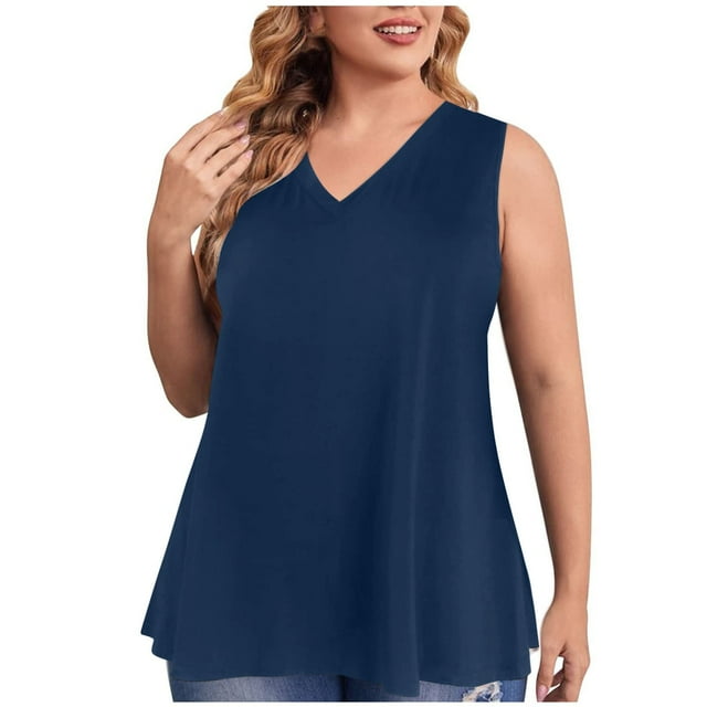 AherBiu Plus Size Tank Tops Loose Fitting V Neck Sleeveless Solid Basic T Shirt Fashion Stretchy Summer Causal Tank Tops