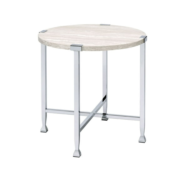 Benjara End Table with X Shaped Metal Base and Round Wooden Top,Silver and Beige