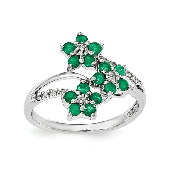 Sterling Silver Rhodium-Plated 3 Flower Emerald And Diamond Ring (Size 6) Made In India qr6380e-6