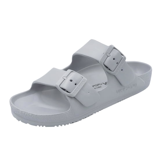 WDLGRBS Womens Sandals Adjustable Double Buckle Strap Waterproof EVA Flat Slides,Light Grey,Sizes 6