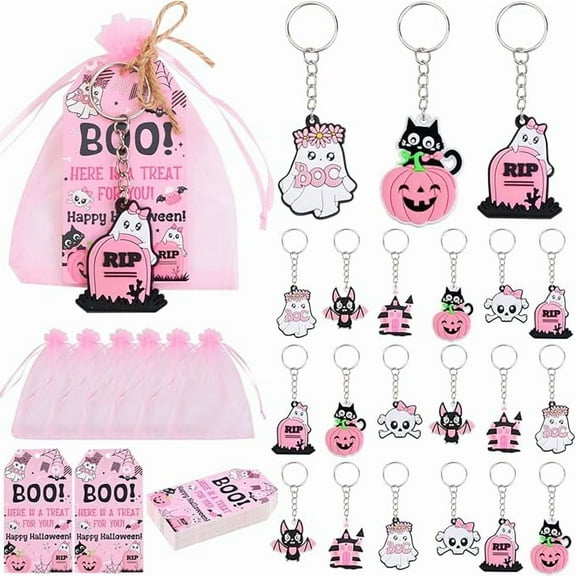 Serencatcher Halloween Baby Shower Party Favors, 36pcs Halloween Party Favors Include Skull Ghost Bat Keychains, Thank You Tags with Pink Organza Bags for Halloween Baby Shower Birthday Party