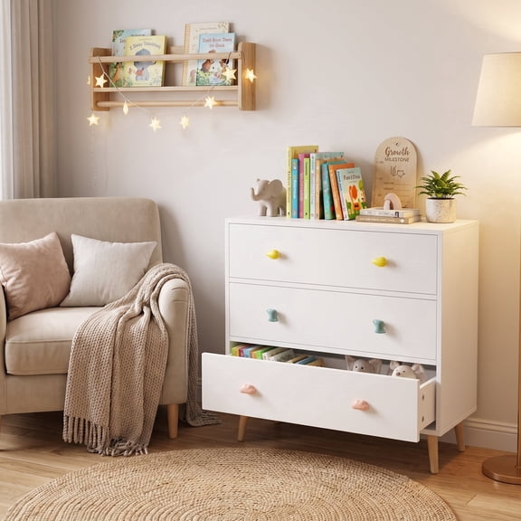 Homy Casa 3 Drawer White Accent Storage Dresser, Kids Bedroom Nightstand with Solid Wood Legs for Nursery Small Spaces