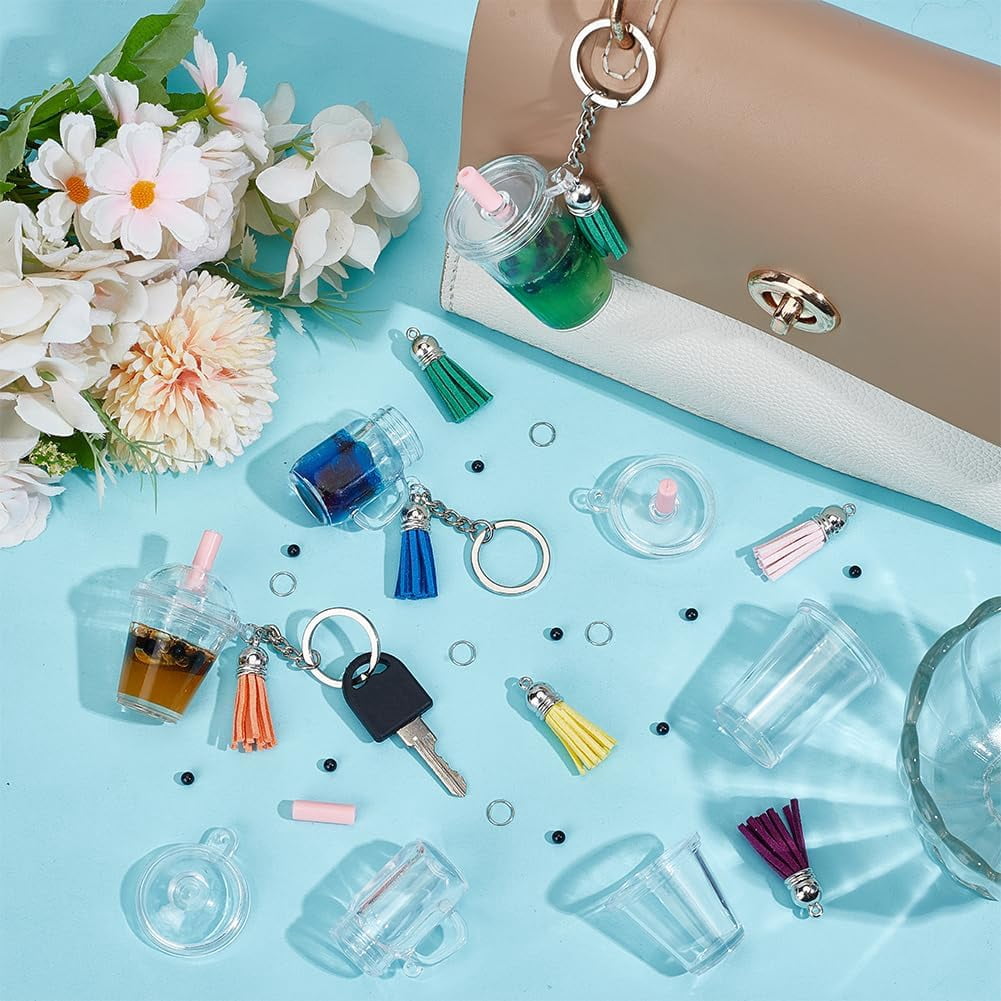 232pcs Tea Keychain Kit Colorful Cup Keychain Making Kit Milk Tea Accessories Set Keychains Set with Hole Cup Pendants with 200pcs Bead for Keychains DIY Earring Making Colorful DIY