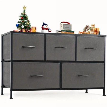 5-Drawer Dresser for Bedroom Anti-Tip Tall Storage Organizer Chest of Drawers with Wooden Top and Metal Frame Fabric Bins for Nursery Closet Living Room Entryway Grey