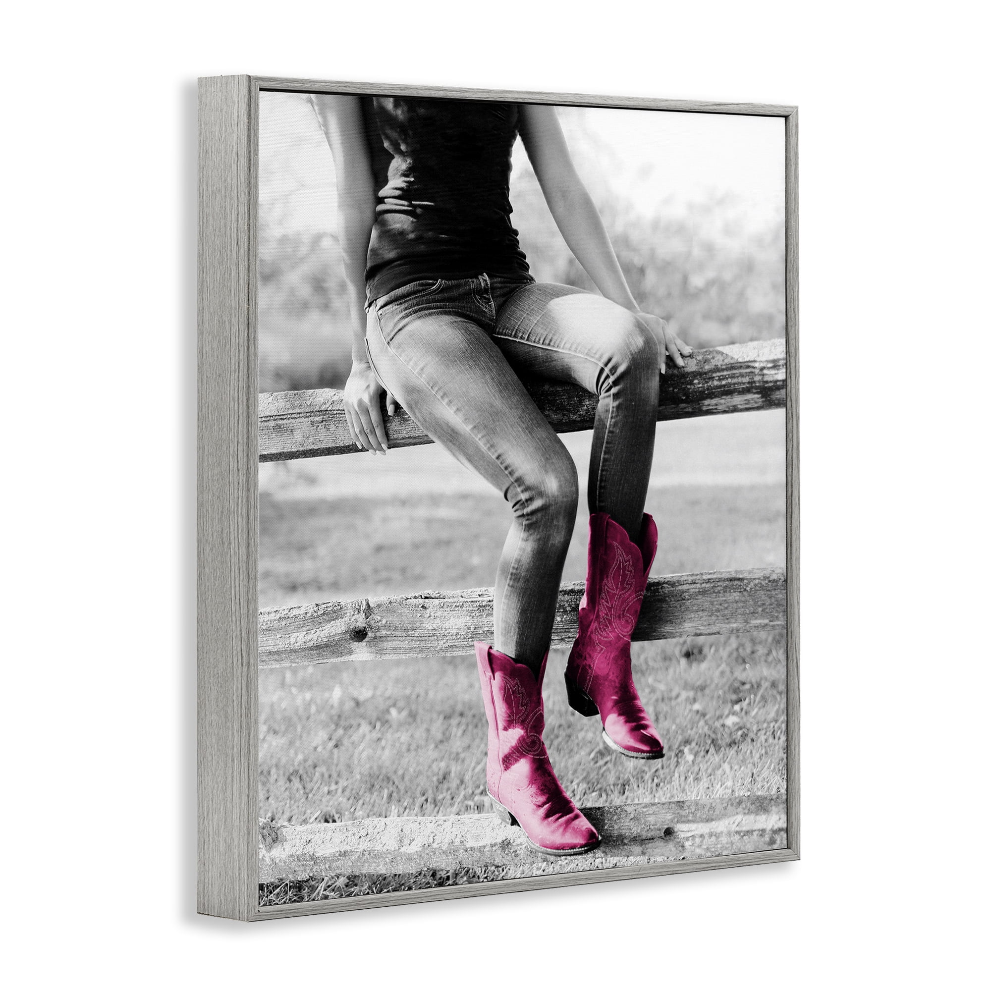 Stupell Industries Glam Cowgirl in Boots Novelty Painting Gray Framed Art Print Wall Art, 16 x 20